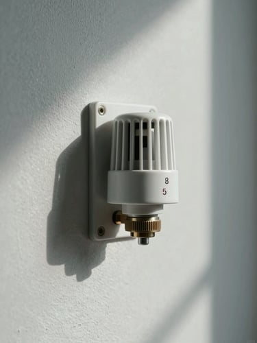 Close-up in-situ shot of a matte thermostat mounted on a light plaster wall, cool north-facing daylight raking across the surface, minimal wiring visible, architectural stillness, no hands or faces