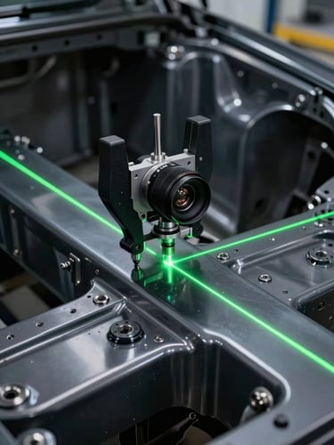 Macro shot of a high-end laser alignment tool calibrating a dark metallic car chassis in a spotlessly clean, high-contrast workshop, bright green laser lines reflecting off polished charcoal paint, 35mm lens, sharp focus
