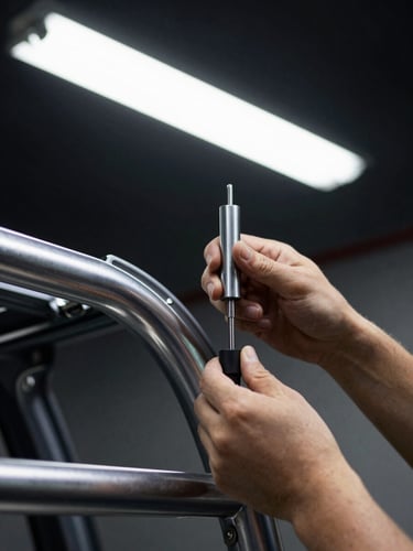 Tight macro shot of a technician calibrating a car frame using a precision measuring tool, bright fluorescent overheads reflecting off polished steel curves, sharp focus, 35mm lens