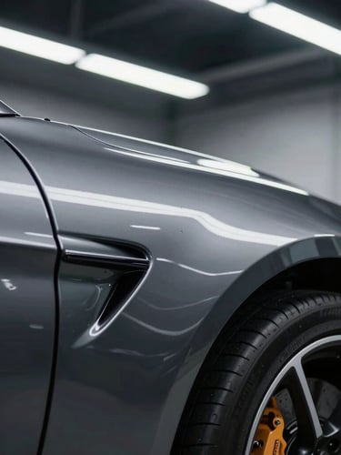 Macro shot of a high-end sports car fender, flawless metallic dark grey paint reflecting sharp overhead fluorescent lights, clean industrial workshop background, 35mm lens, shallow depth of field