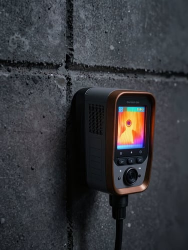 Close-up of a professional thermal imaging camera showing heat loss on a concrete wall joint, high-contrast engineering style, dark graphite tones