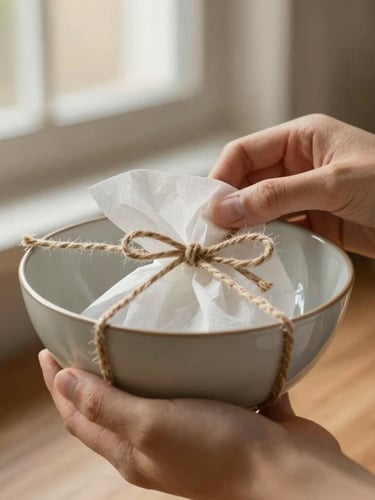 Hands carefully wrapping a delicate ceramic bowl in soft tissue paper, tied with a simple cotton twine, warm ambient indoor light, shallow depth of field
