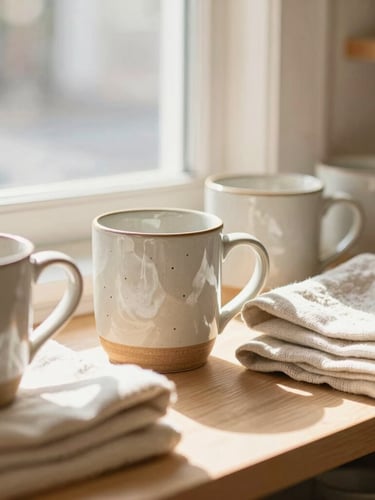 Warm editorial photography of a sunlit corner in a New England boutique, soft natural window light on textured ceramic mugs and folded linen textiles, shallow depth of field, 35mm