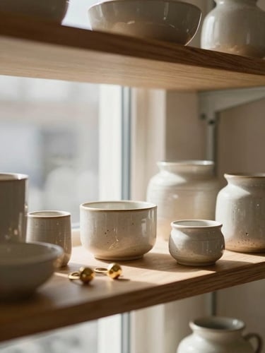 Warm editorial photography of a beautifully arranged boutique shelf with textured ceramics and brass jewelry catching soft afternoon window light, shallow depth of field, 35mm