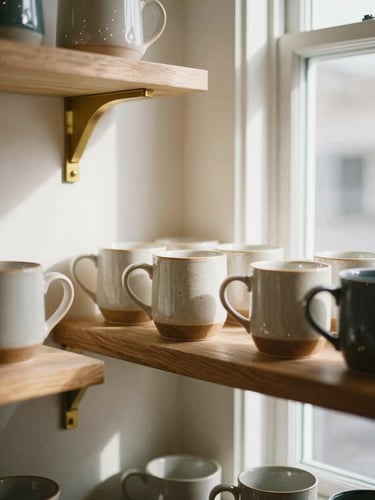 Close-up of a sunlit corner in a New England boutique, warm brass fixtures, textured ceramic mugs on oak shelves, soft window light, 35mm