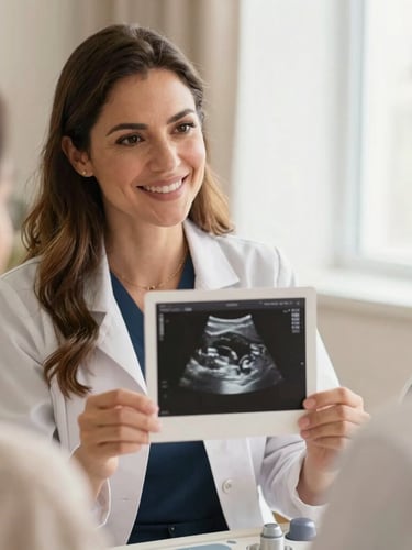 Close-up of Dra. Camila Gama during a consultation, holding a high-resolution ultrasound scan, talking warmly to a patient, soft natural light, professional and welcoming atmosphere