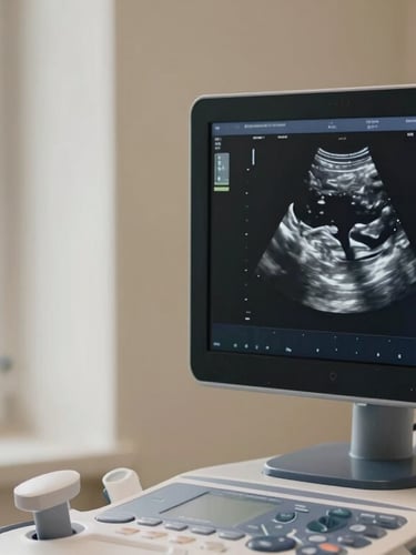 Warm editorial photography of a modern clinical room, high-resolution ultrasound screen showing a detailed fetal scan, soft window light, elegant neutral beige tones, shallow depth of field, 35mm.