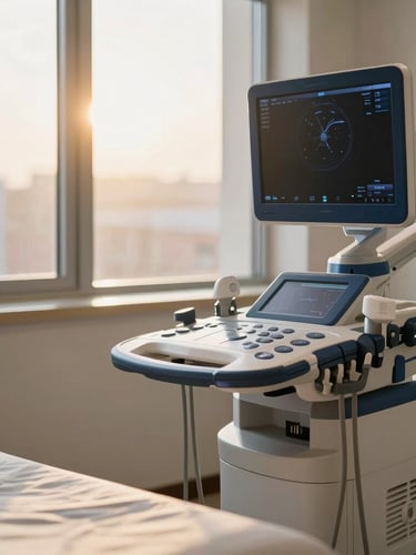 Professional clean medical office with warm sunlight streaming through a large window, a modern high-resolution ultrasound machine in the background, elegant neutral and deep blue decor, shallow depth of field