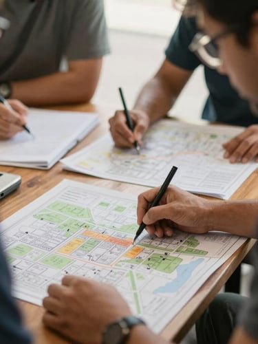 Candid medium shot of community members actively marking up neighborhood maps during a local planning session, warm natural light, shallow depth of field.
