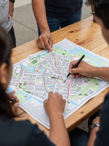 Candid over-the-shoulder view of local residents marking up a large neighborhood map on a wooden table, natural overcast daylight, 35mm lens.
