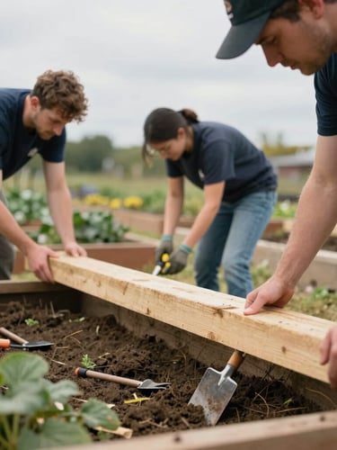 Candid documentary photograph of local volunteers building a community garden bed, holding wooden planks and tools under natural overcast daylight, 35mm lens, shallow depth of field.