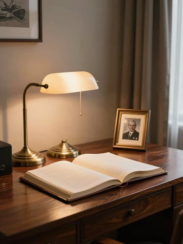 Close environmental photograph inside a well-loved study: a mahogany desk with an open leather-bound ledger, a brass desk lamp casting warm light, a framed photograph turned slightly away from camera, afternoon light edging through a half-open curtain — the room quiet and inhabited