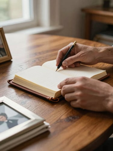 Close-up of a pair of hands carefully opening a leather-bound ledger on a mahogany dining table, natural window light falling softly from the left, a silver photograph frame and folded cloth visible at the edge of the frame, warm documentary stillness