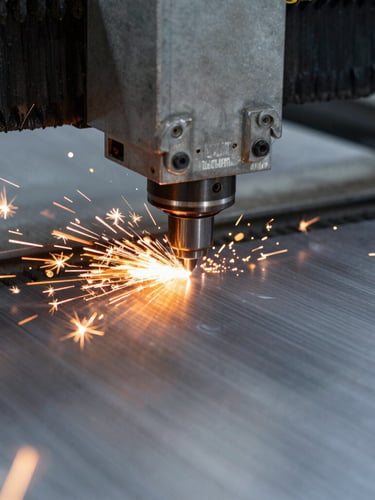 Macro close-up of a CNC laser cutter head emitting intense orange sparks as it slices through a thick steel plate, high-contrast industrial lighting, cool steel tones.