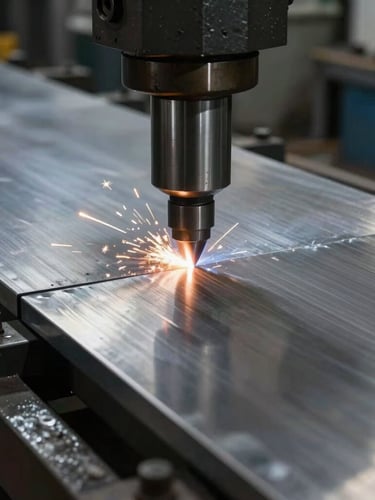 Dramatic industrial photograph of a heavy hydraulic press brake bending a large steel sheet, macro view of the metal contact point, cool steel tones, 50mm