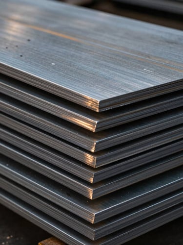 Macro photography of raw steel plates stacked neatly in an industrial warehouse, high contrast, cool metallic textures, soft warm light reflecting off the clean cut edges, 50mm.