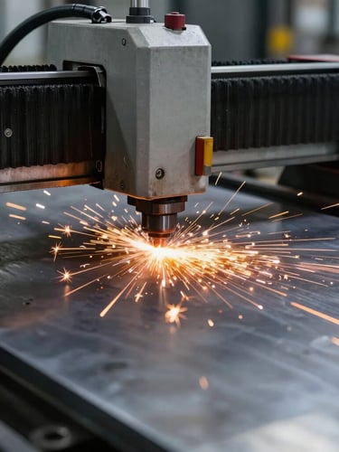 Dramatic industrial photography of a CNC laser cutter throwing bright orange sparks while cutting a thick steel plate, high-contrast workshop lighting, 50mm