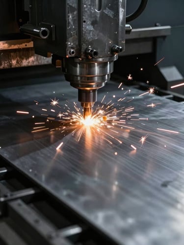 Close-up of a heavy CNC bending press forming a thick steel plate, high-contrast industrial lighting, safety orange sparks, dramatic shadows, 50mm
