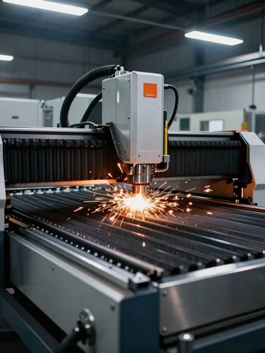 Dramatic industrial photography, wide-angle view of a clean modern metal fabrication workshop, a state-of-the-art CNC laser cutting machine in operation throwing bright orange sparks, cool steel ambient lighting, 50mm.