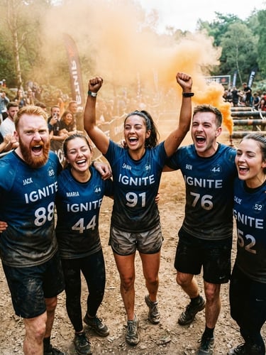 Vibrant action shot of Team Ignite members laughing and cheering during an outdoor challenge, dynamic wide-angle lens, high-contrast natural daylight, warm orange smoke flare in background, 35mm film feel.