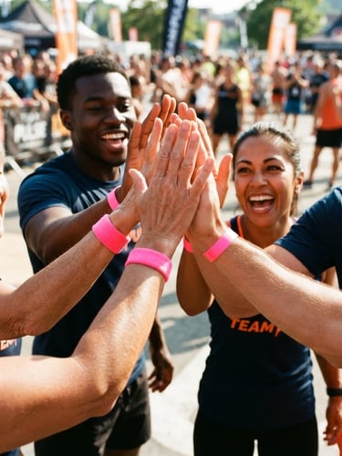 Dynamic close-up of Team Pulse members high-fiving, wearing neon pink wristbands, vibrant action photography, high-contrast natural daylight, 35mm film feel