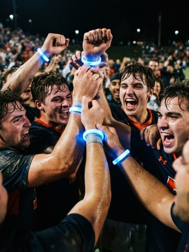 Dynamic close-up of a team huddle, high-contrast dramatic lighting, electric blue neon wristbands, energetic expressions, 35mm film feel.