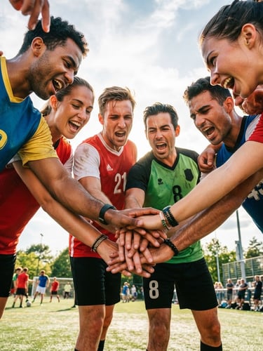 Dynamic low-angle shot of a unified team huddling outdoors, hands stacked in the center, high-contrast natural daylight, energetic saturated colors, 35mm film feel