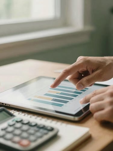 Medium close-up of hands pointing to a clean bar chart on a tablet, with a notebook and calculator in the foreground, soft natural window light, muted forest green and cream tones, shallow depth of field, 35mm