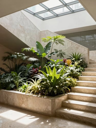 Vertical architectural elevation of an indoor garden bed integrated into a travertine staircase, soft morning light filtering through a skylight