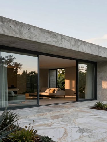 Architectural elevation of a modern concrete villa, floor-to-ceiling glass doors open to a travertine terrace with structural native plantings, soft morning light.