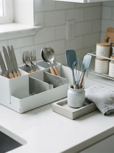 A sharp, close-up shot of architectural kitchen organizers on a clean white countertop, bright overcast daylight, minimalist styling, desaturated cool tones, desaturated blue accents.