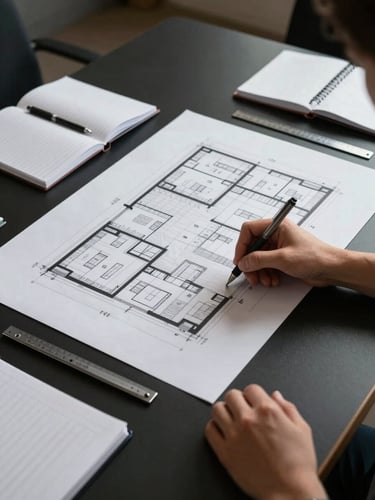 Wide overhead view of a strategy session in progress — a large architectural framework diagram spread across a matte black conference table, a single hand annotating with a fine-point pen, half-filled notebooks and a precision ruler at the edges, controlled studio light from above casting crisp shadows, no people visible above the wrist