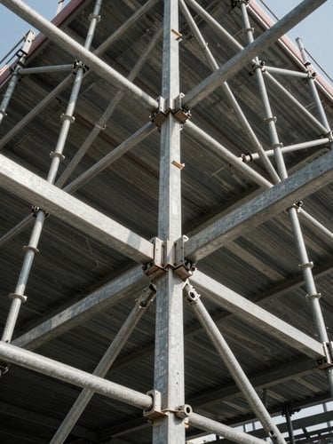 Wide architectural study of structural scaffolding steel joints viewed from below, sharp geometric angles converging upward, north-facing industrial daylight casting controlled hard shadows, no ambient softness, symmetrical framing emphasizing precision engineering