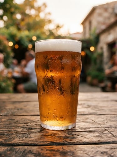 Intimate close-up of a rustic wooden table at Eski Ev Pub, warm amber light glinting off a cold glass of draft beer with condensation, soft focus garden background.