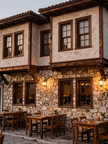 Historic stone and wood facade of the old house pub in Fethiye, warm evening glow, outdoor wooden tables with soft lighting, inviting atmosphere.