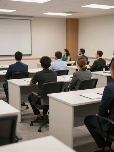 An organized pre-departure orientation briefing room in Colombo, clean modern desks, structured seating, professional atmosphere.