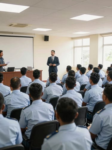 A wide shot of a structured pre-departure orientation briefing room in Colombo, with professional instructors presenting to organized rows of skilled technical workers in clean uniforms, bright natural window light.