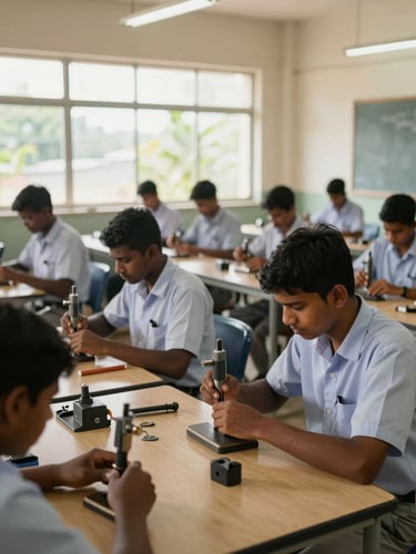 Wide shot of a structured vocational training center in Sri Lanka, skilled technical students in clean uniforms working with precision tools, bright natural window light.