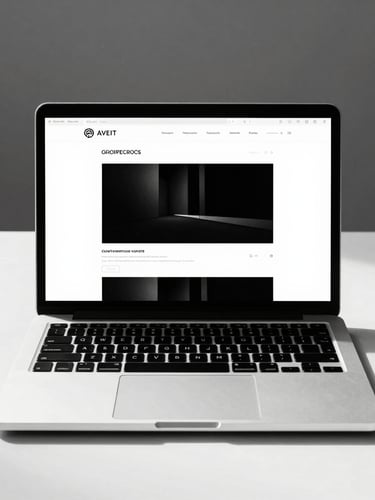 Straight-on flat lay of a sleek laptop displaying a stark black-and-white minimalist website layout, high-contrast studio lighting, sharp shadows