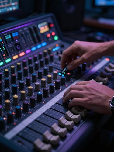 Close-up of a veteran broadcast engineer calibrating a physical audio mixer under dramatic low-key studio lighting, sharp focus, 50mm lens.