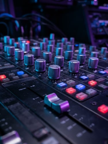 Macro shot of a high-end physical audio mixing console, neon blue and purple rim lights reflecting off metallic knobs, dark studio atmosphere, sharp focus, 50mm lens
