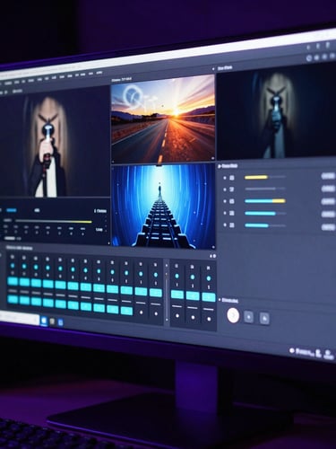 Crisp OBS interface configuration on a high-end monitor, showing complex nested scenes and clean audio routing meters, low-key dramatic lighting.