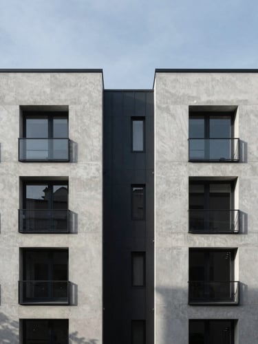 Symmetrical architectural elevation of a contemporary European residential building, sharp morning light, deep shadows, minimalist concrete and steel facade, 35mm