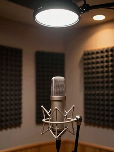 Environmental wide shot of a recording booth interior, a large-diaphragm condenser microphone centered in the frame under a hard directional studio light, acoustic foam panels receding into shadow on both sides, warm amber spill from a talkback window in the upper right corner — no people