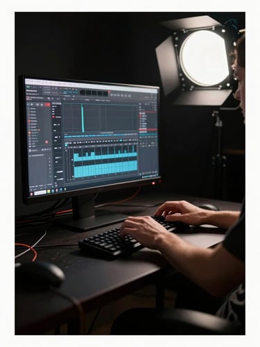 Tall portrait-orientation shot of an artist's hands operating a DAW on a high-resolution monitor in a dark studio, hard strobe light from the upper right casting a sharp rim light on the forearms and keyboard, deep near-black shadows filling the lower half, cables snaking into the dark left edge of frame