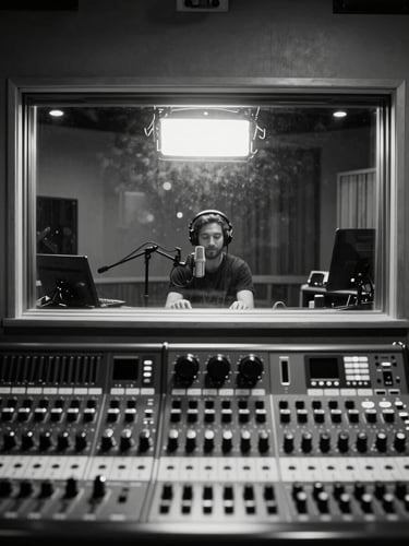Wide shot of a recording booth interior seen through the glass partition, a musician with headphones at a microphone under hard overhead studio lighting, the control room hardware visible in sharp foreground detail, high-contrast black and near-white tones