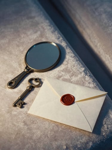 Close-up of a collector's still life on aged velvet — a small hand mirror face-down, a skeleton key, a folded letter sealed with wax, all lit by a single lamp casting long cool shadows to the right, cream and indigo tones, no human presence