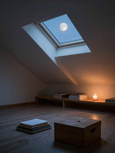 Wide shot of an empty attic writing space at night, a single candle burning on a low shelf to the right third of the frame, stacked notebooks and a closed wooden box in the foreground, pale blue moonlight seeping through a small skylight above, deep shadow in the corners, no human presence — still and expectant