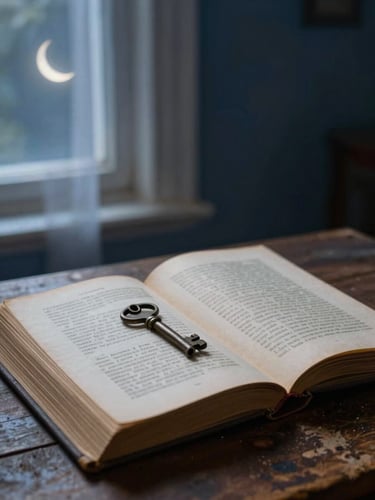 Close-up still life, left-edge bleed, panoramic crop: an aged hardcover book lying open on a worn wooden surface, a small tarnished key resting on the open pages, a crescent moon faintly visible through a narrow window behind — cool moonlight filtering through sheer fabric, deep indigo shadows, soft lamplight catching the paper's cream texture. No human figures. Observed, cabinet-of-curiosities framing.
