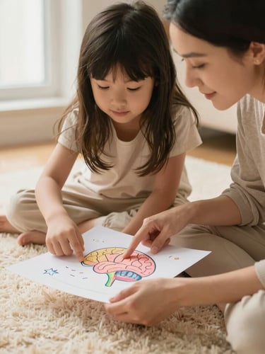 A close-up of a mother and daughter sitting together on a soft cream rug, pointing at a colorful hand-drawn diagram of a brain, soft diffused daylight, warm editorial style
